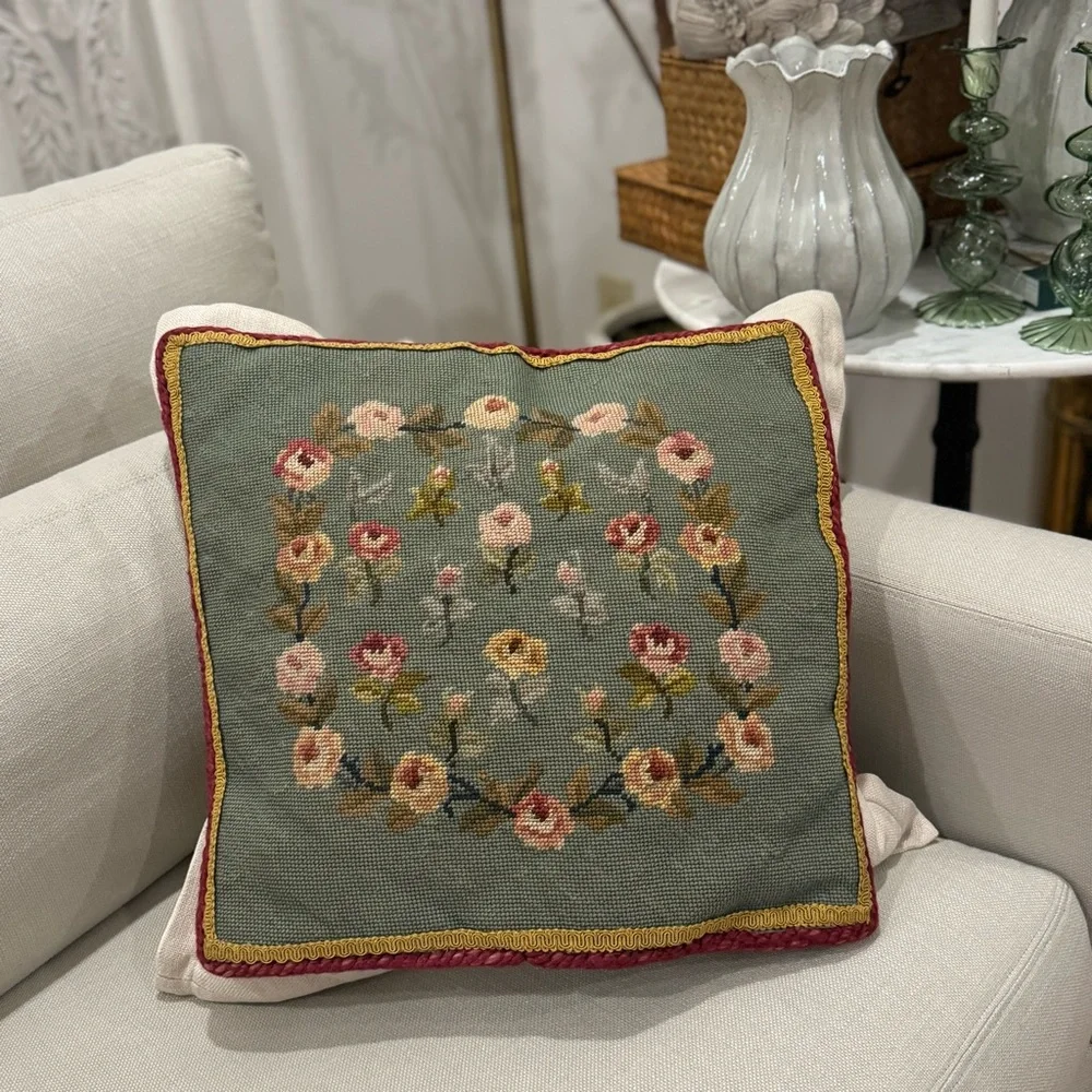 1Hand Crafted Vintage  Rose Floral In Scroll Needlepoint Pillow Cover